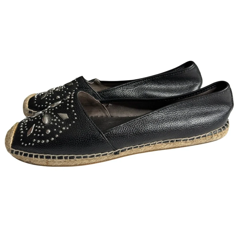 Brighton Jett Black Leather Studded Espadrille Flats Shoes Womens 10 Silver Stud